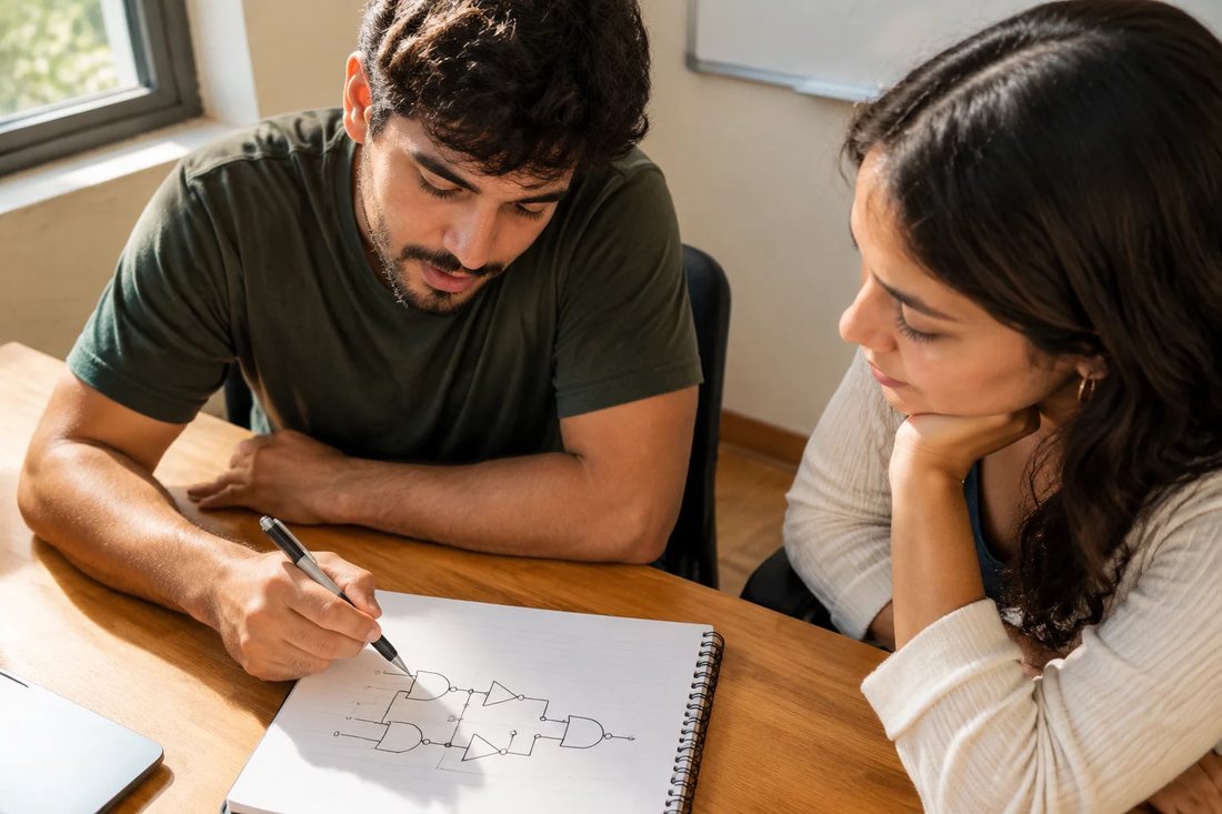 Duas pessoas relendo anotações num tablet apoiado na mesa