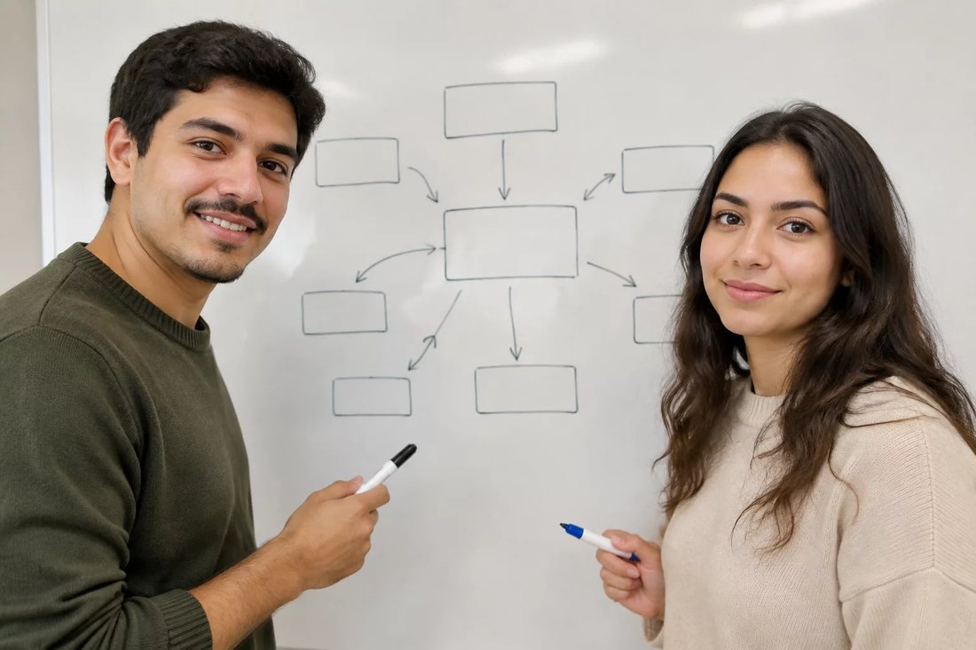 Dupla diante do quadro branco, com um argumento dividido em blocos